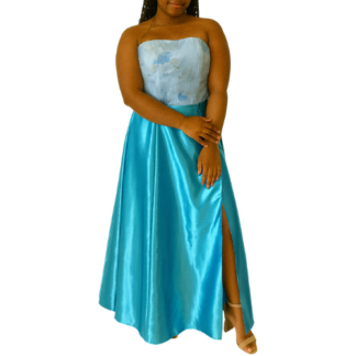 Blue Maxi Dress with Satin Skirt and Flower Bodice