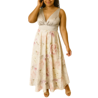 Silver Maxi Satin Dress With Floral Skirt