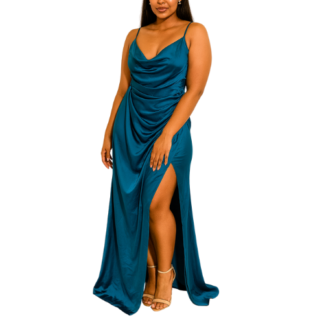 Blue Satin Maxi Dress with Cowl Neck