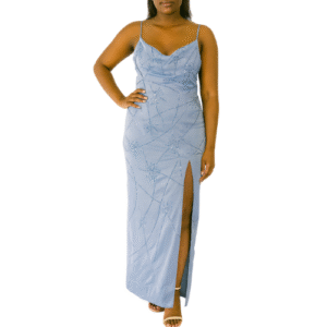 Light Blue Satin Maxi Dress with Beads
