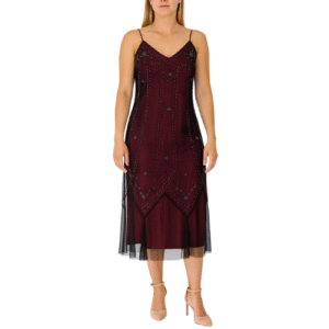 Maroon Midi Dress with Black Overlay
