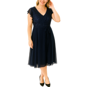 Midi Navy Blue Dress with Shinny Lace Bodice