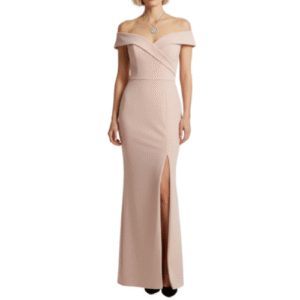 Nude Off Shoulder Slit Gown