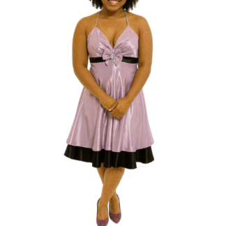 Purple and Black Satin Midi Dress with Bow