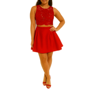 Red 2 Piece Mini with Satin Skirt and Lace Bodice