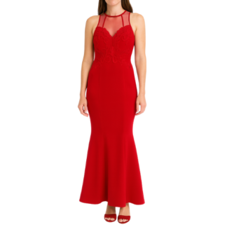 Maxi Red Dress with Flowers on Bodice