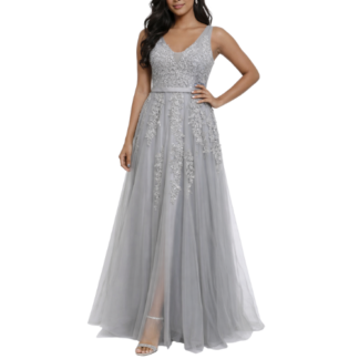 Silver Organza Ball Gown with Flower Lace and Long Train