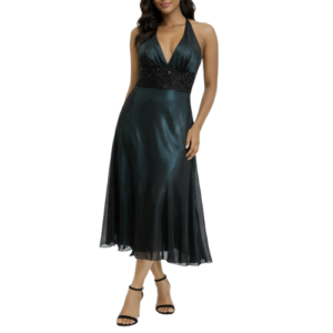 Midi Black Halter Neck with a Green Shine