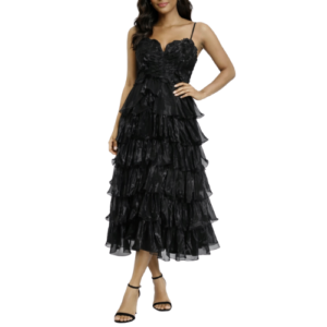 Black Midi Dress with Frills and Flowers