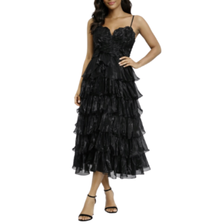 Black Midi Dress with Frills and Flowers
