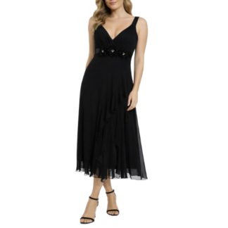 Midi Black Dress with Flowers on Top and Frills on Skirt