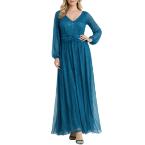 Blue Glitter Maxi Dress with Long Sleeves