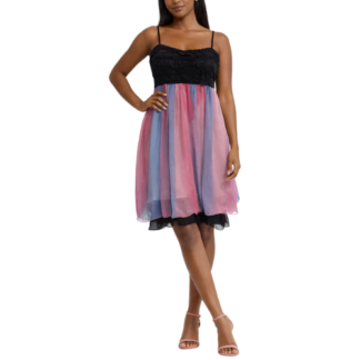 Black Mini Dress with Pink and Blue Chiffon