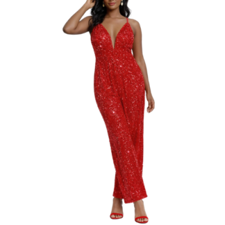 Maxi Red Sequence Dess with Thin Straps and Slit on Front