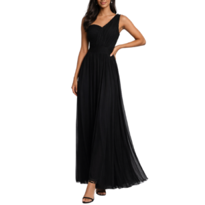 Black Soft Net Maxi Dress with 1 Shoulder