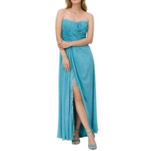 Blue Strapless Maxi Dress with Slit on Front
