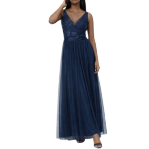Dark Blue Maxi Dress with Lace Bodice