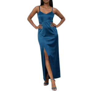 Blue Satin Maxi Dress with Slit on Side
