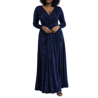 Navy Blue Velvet Long Sleeve Maxi Dress