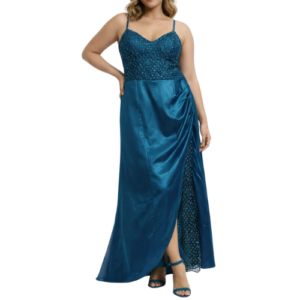 Teal Maxi Dress with Satin Skirt and Lace Bodice