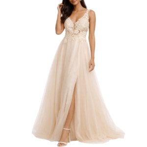 Cream Net with Flowers on Bodice Maxi Ball Gown