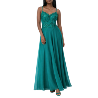 Green Satin Maxi Ball Gown with Embroidered Bodice