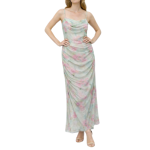 Maxi Lime Dress with Net Flowers and Thin Straps