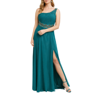Green 1 Shoulder Maxi Dress with Beads on Bodice