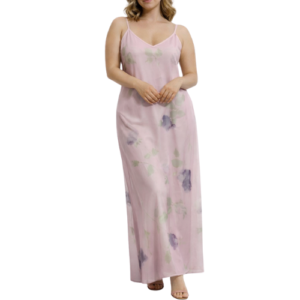 Pink Maxi Dress with Purple Flower and Thin Staps
