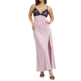 Maxi Baby Pink and Black Lace on Bodice Dress