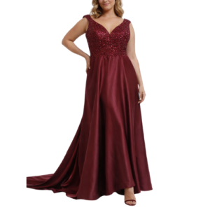 Maroon Satin Maxi Dress with Sequence Bodice and Long Train