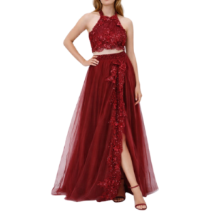 Maroon 2 Piece Ballgown with Lace Sequence and Wrap Around Skirt