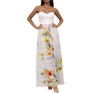 White Maxi Dress with Flowers on Skirt